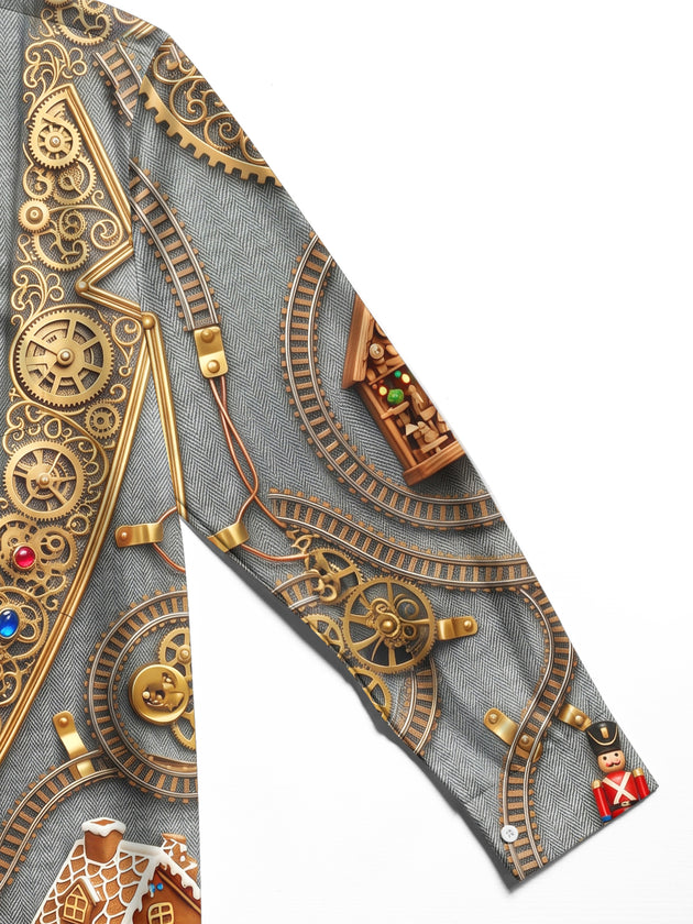 Adaychic Men's Graphic Christmas Gingerbread House Print Long Sleeve Shirt with Chest Pocket