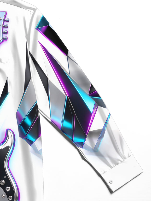 Adaychic Men's Long Sleeve Shirt - Electric Guitars With Neon Geometric Background Print with Chest Pocket
