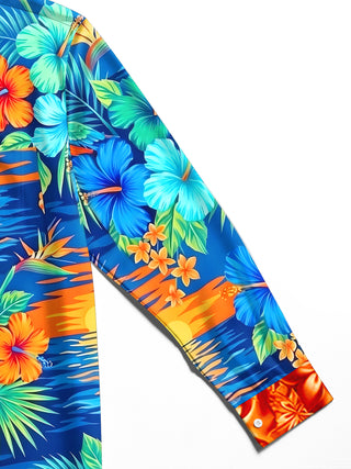 Adaychic Men's Hawaiian Floral Tropical Hibiscus Parrot Sunset Print Long Sleeve Button Down Shirt with Chest Pocket