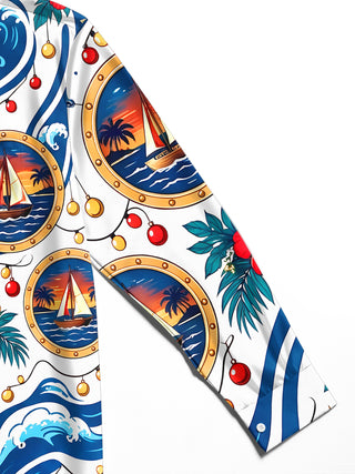 Adaychic Men's Long Sleeve Shirt - Christmas Ornaments And String Lights Print Sailing Boat In Porthole And Tropical Waves Print