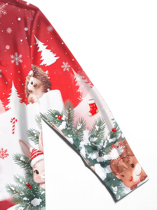 Adaychic Men's Long Sleeve Shirt - Cute Animals In Snowy Forest With Gingerbread House Print with Chest Pocket