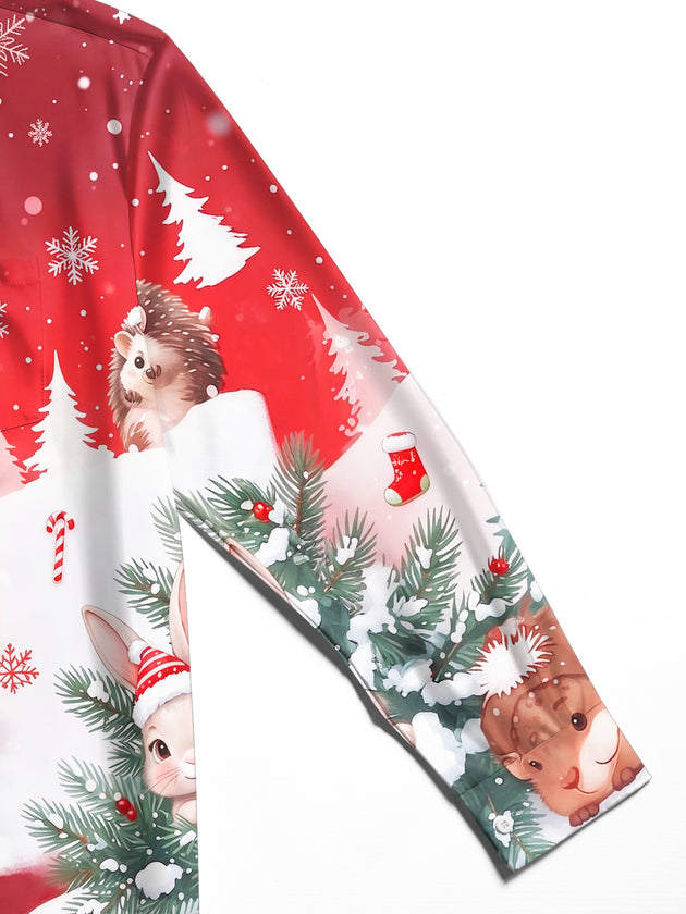 Adaychic Men's Long Sleeve Shirt - Cute Animals In Snowy Forest With Gingerbread House Print with Chest Pocket