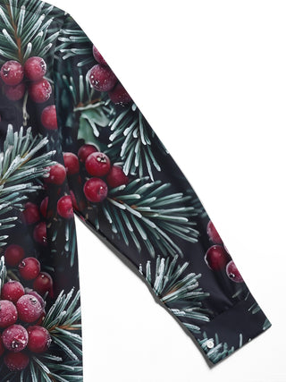 Adaychic Men's Long Sleeve Shirt - Christmas Frosted Pine Needles And Red Berries Print with Chest Pocket