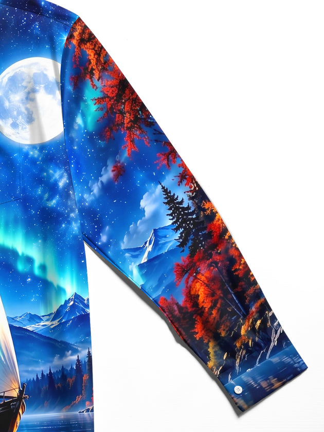 Adaychic Men's Long Sleeve Shirt - Sailing Boat On Lake With Aurora Borealis Print with Chest Pocket