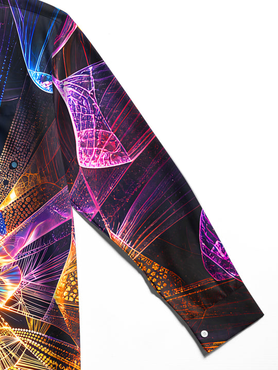Adaychic Neon Glow Fractal Art Men's Pocket Long Sleeve Shirts