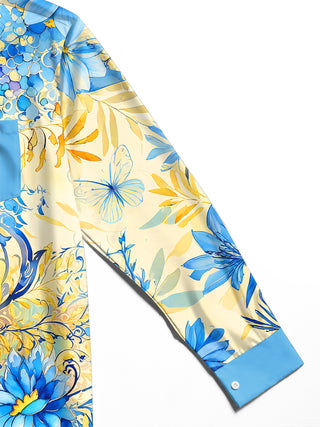 Adaychic Men's Blue Watercolor Flowers Print Long Sleeve Shirt with Chest Pocket