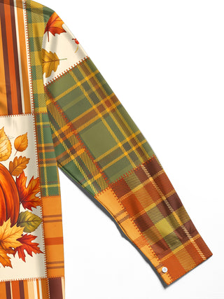 Adaychic Men's Autumn Pumpkin And Autumn Leaves Print Long Sleeve Shirt with Chest Pocket