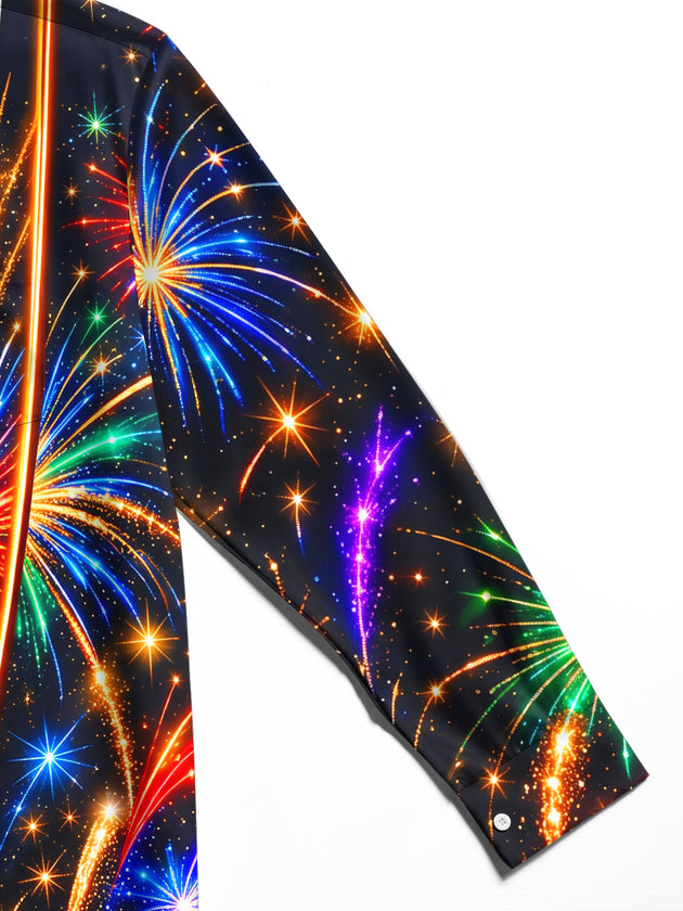Adaychic Men's Printed Colorful Fireworks Print Long Sleeve Shirt with Chest Pocket