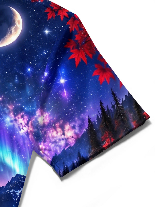 Adaychic Men's Telescope And Northern Lights Landscape Print Short Sleeve Shirt with Chest Pocket