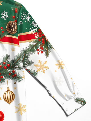 Adaychic Men's Long Sleeve Shirt - Christmas Bow And Ornaments With Pine Branches Print with Chest Pocket
