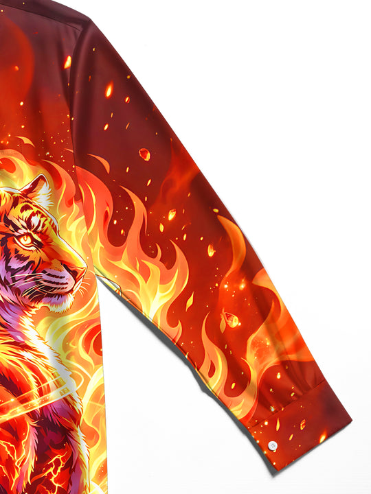 Adaychic Men's Graphic Ice Wolf Print Fire Tiger Print Long Sleeve Shirt with Chest Pocket