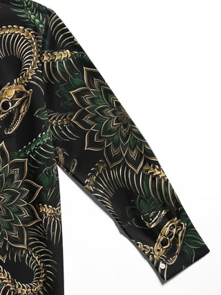 Adaychic Men's Snake Skeleton And Floral Mandala Print Long Sleeve Shirt with Chest Pocket