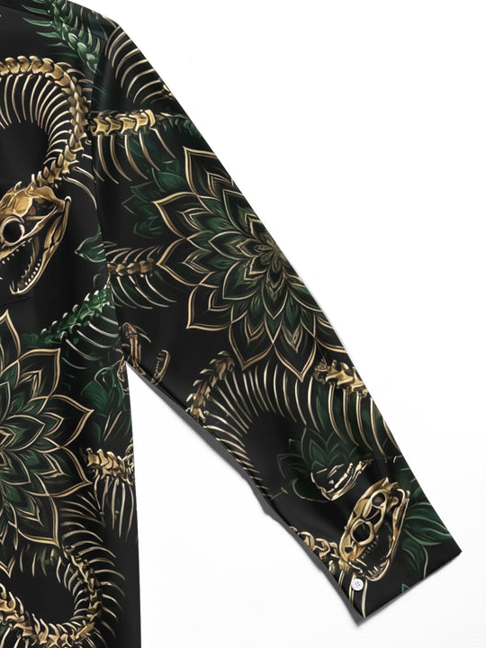 Adaychic Men's Snake Skeleton And Floral Mandala Print Long Sleeve Shirt with Chest Pocket