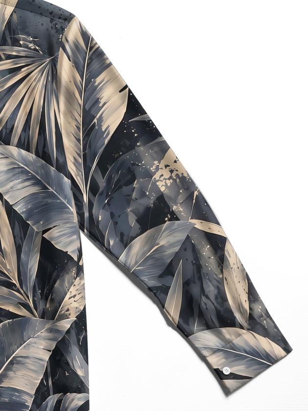Adaychic Men's Hawaiian Tropical Leaves And Monstera Print Long Sleeve Shirt with Chest Pocket