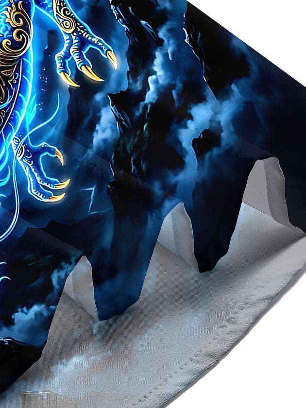Adaychic Men's Graphic Blue Dragon Print Short Sleeve Shirt with Chest Pocket