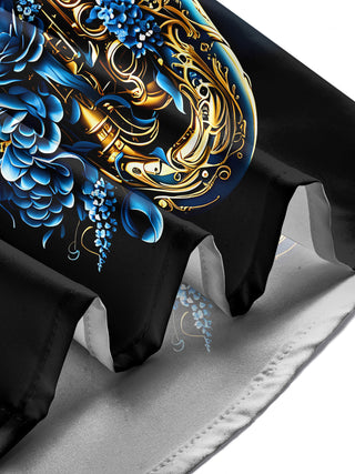 Adaychic Men's Gold Graphic Saxophone Blue Floral Print Long Sleeve Button Down Shirt with Chest Pocket