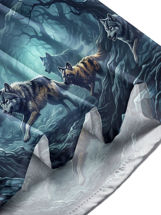 Adaychic Men's Dragon And Wolves In A Moonlit Forest Print Long Sleeve Shirt with Chest Pocket