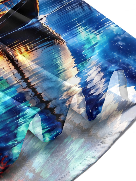 Adaychic Men's Long Sleeve Shirt - Sailing Boat On Lake With Aurora Borealis Print with Chest Pocket