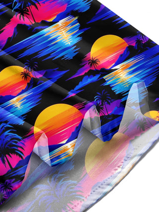 Adaychic Men's Neon Sunset Palm Trees And Ocean Waves Print Long Sleeve Shirt with Chest Pocket