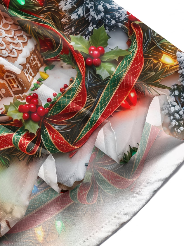Adaychic Men's Gingerbread Houses And Christmas Trees Print Long Sleeve Shirt with Chest Pocket