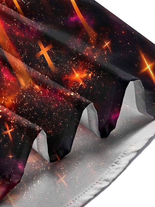 Adaychic Men's Long Sleeve Shirt - Glowing Golden Crosses On Cosmic Background Print with Chest Pocket
