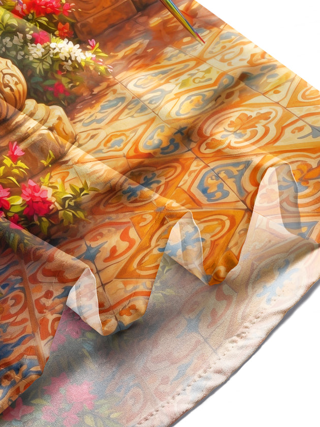 Adaychic Men's Colorful Parrot And Garden Fountain Print Long Sleeve Shirt with Chest Pocket