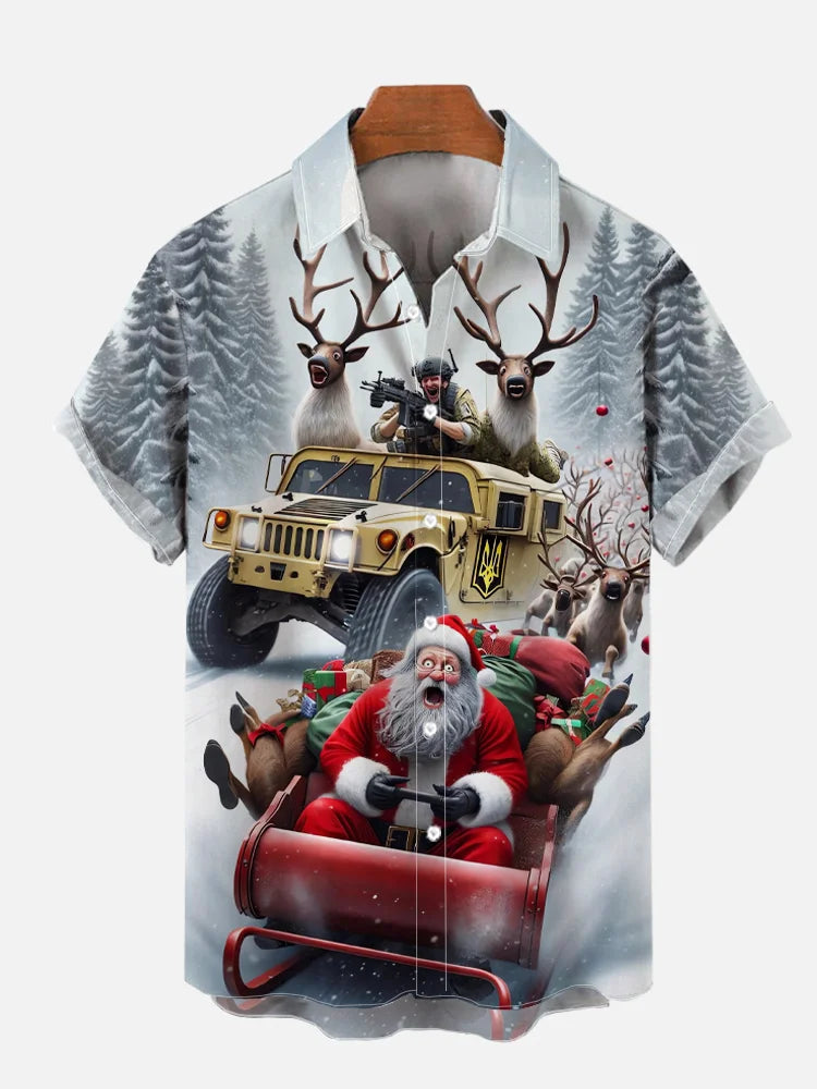 Christmas Snow Chase Santa Escape Printing Pocket Short Sleeve Shirts