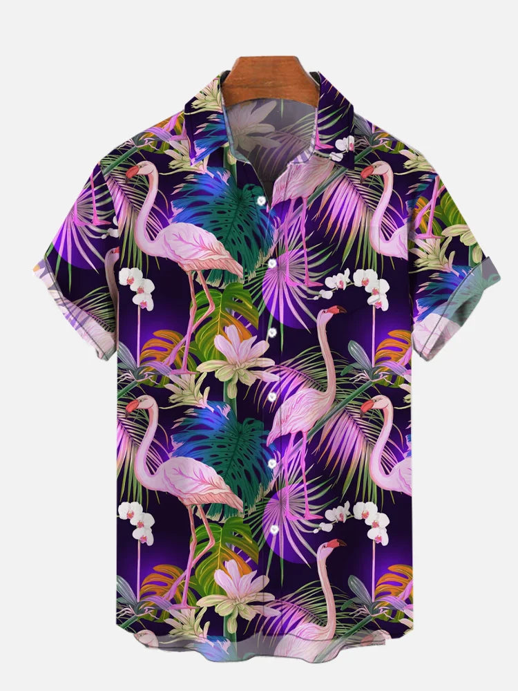 Tropical Flamingos Printing Pocket Short Sleeve Shirts