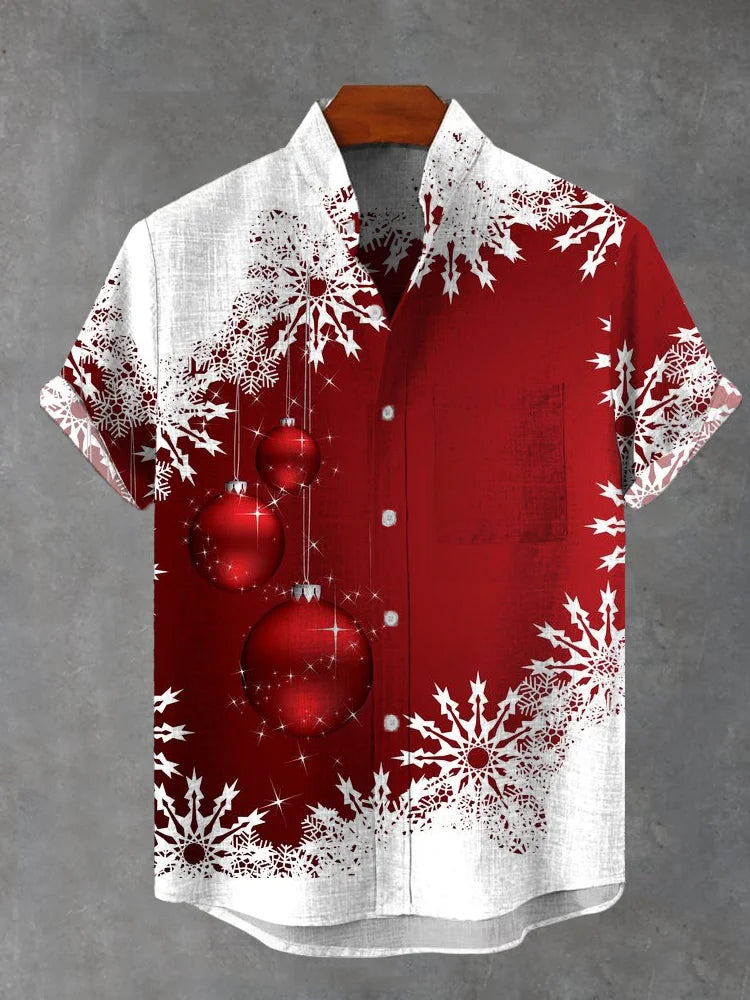 Holiday Balls And Snowflakes Printing Stand Collar Short Sleeve Shirts