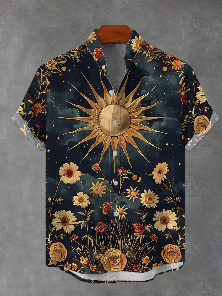 Retro Sun And Flower Bushes Printing Stand Collar Short Sleeve Shirts