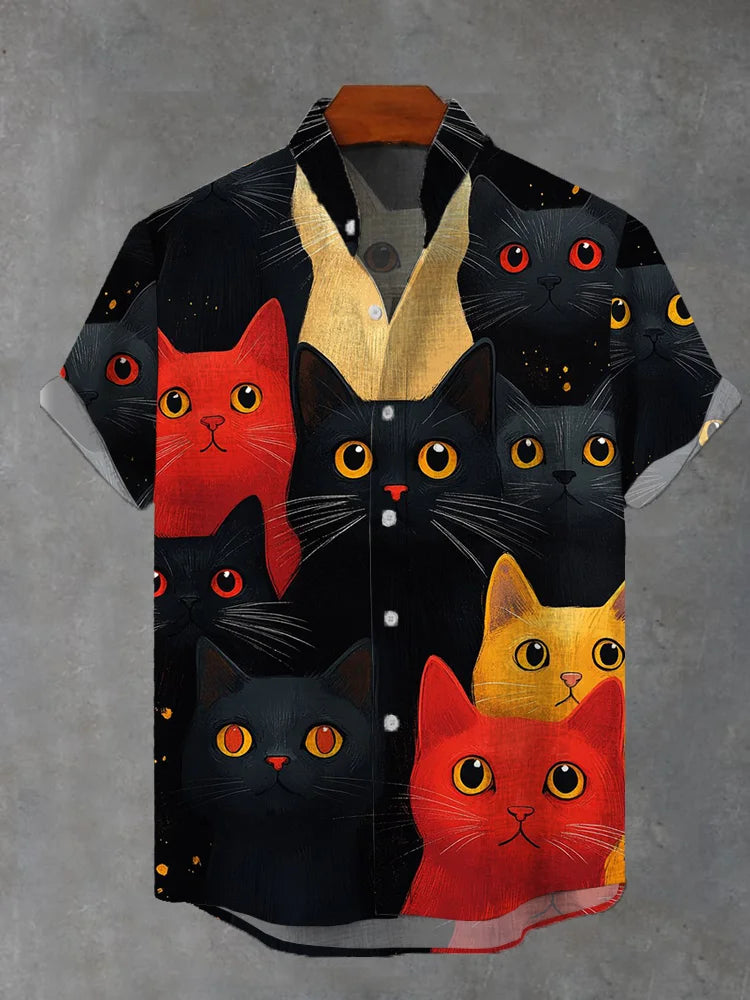 Orange Cat Among Black Cats Costume Printing Stand Collar Short Sleeve Shirts