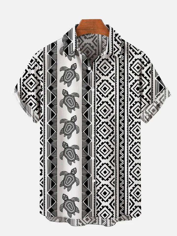 National Style Ethnic Geometric Pattern And Turtle Printing Pocket Short Sleeve Shirts