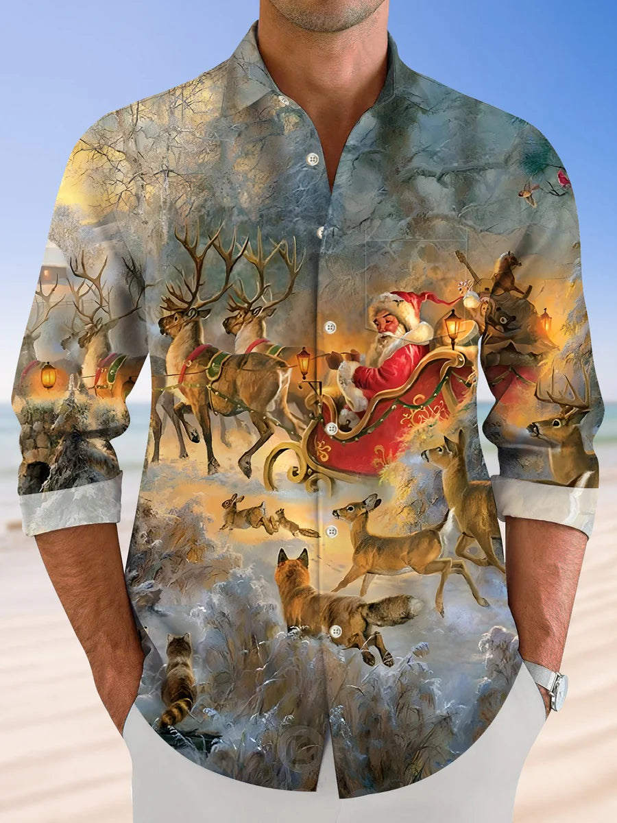 Santa Claus Button Button Long Sleeve Men's Shirts With Pocket