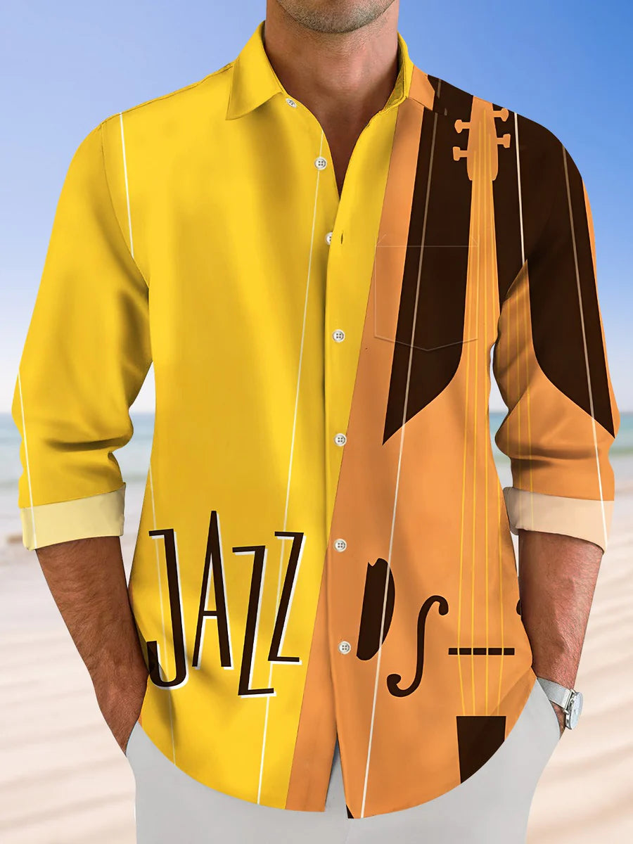 Vintage Jazz Long Sleeve Men's Shirts With Pocket