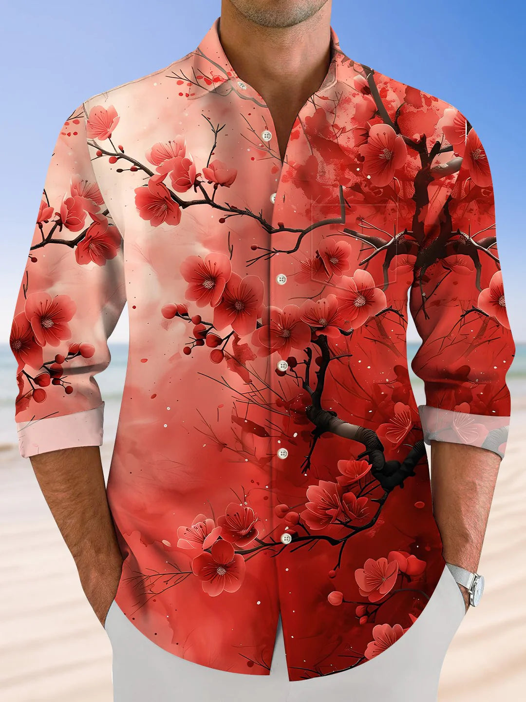 Festive Peach Long Sleeve Men's Shirts With Pocket