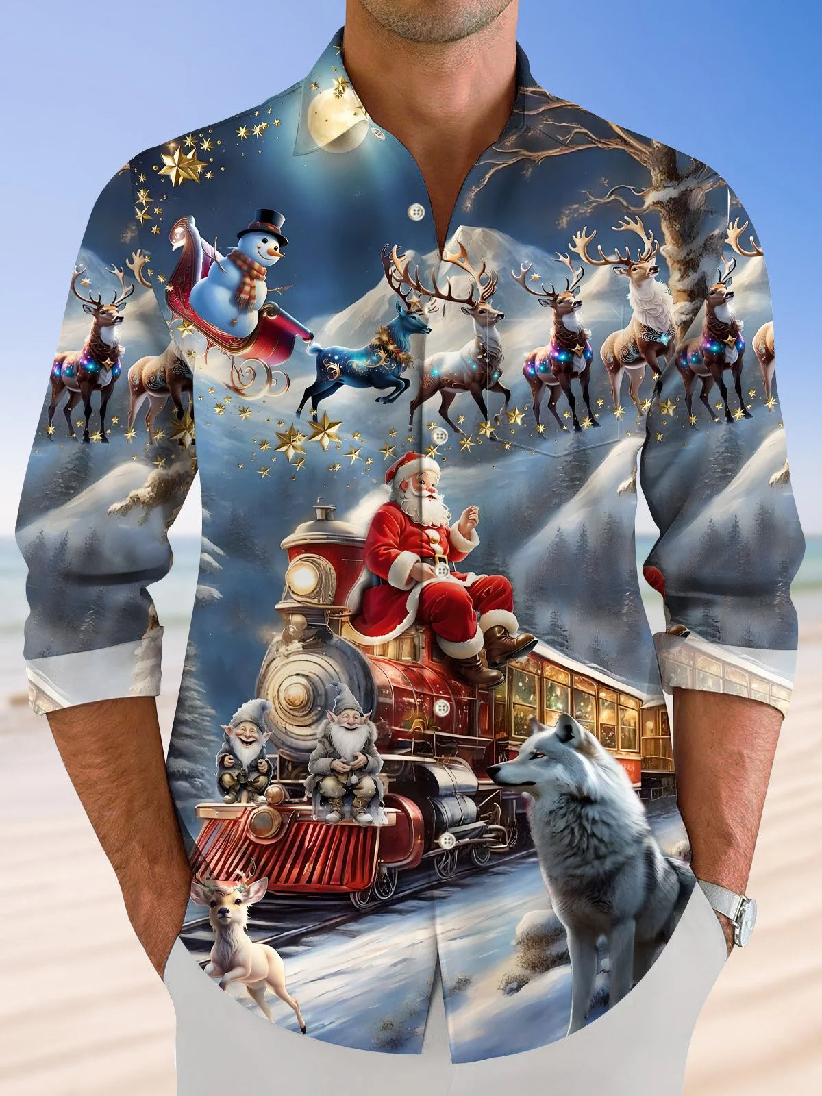 Christmas Elf Santa Button Long Sleeve Men's Shirts With Pocket