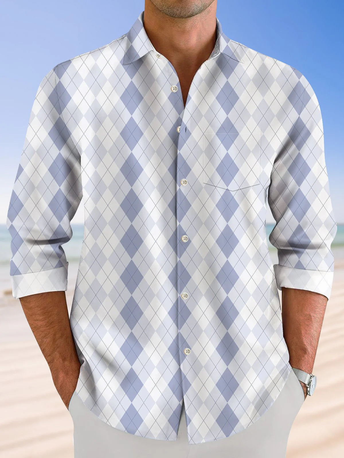 Diamond Geometric Pattern Long Sleeve Men's Shirts With Pocket