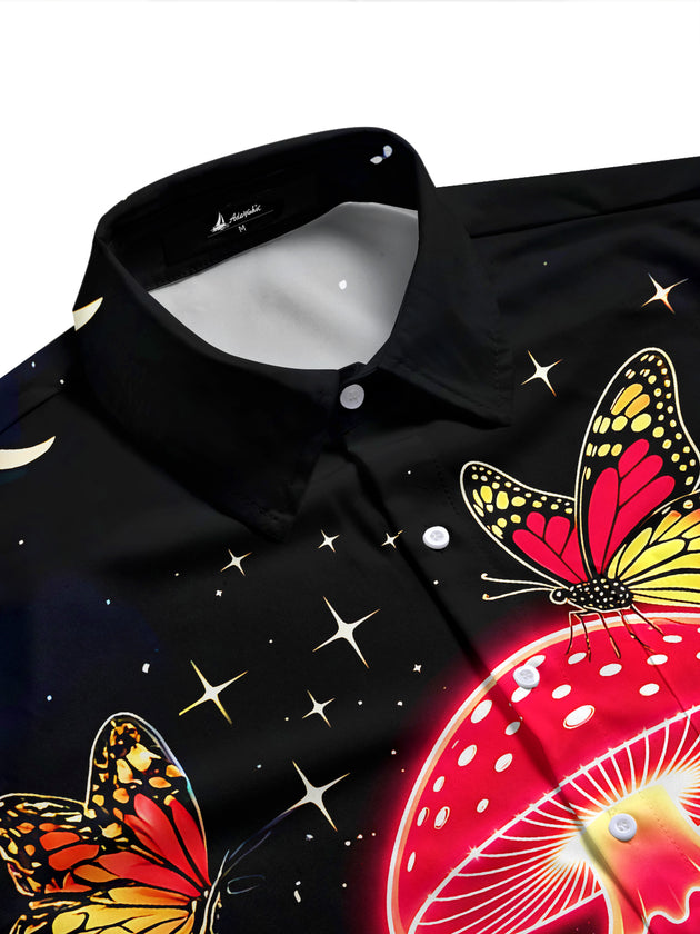 Adaychic Men's Printed Neon Mushroom Print Butterflies Print Short Sleeve Shirt with Chest Pocket