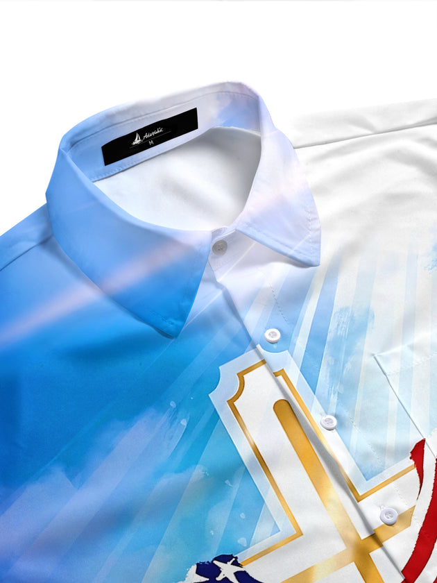 Christianity Cross American Flag Men's Pocket Short Sleeve Shirts