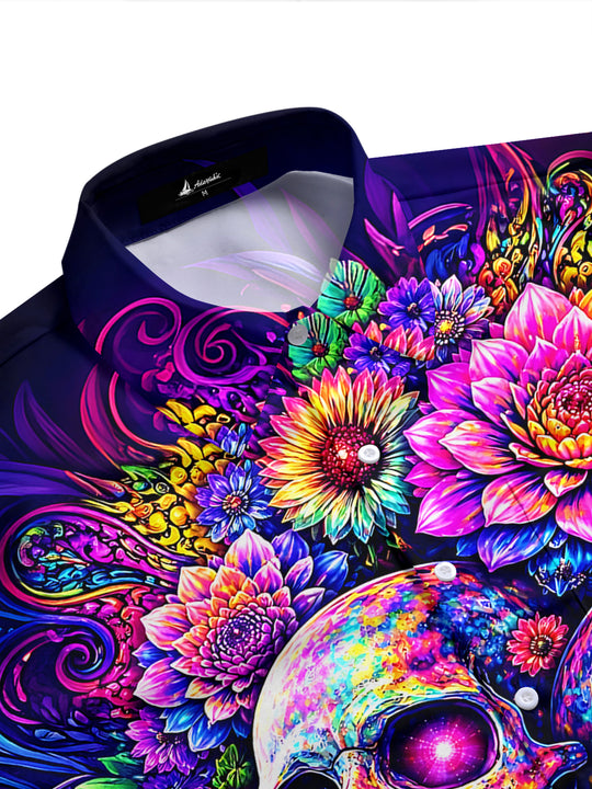 Skull Floral Men's Pocket Short Sleeve Shirts