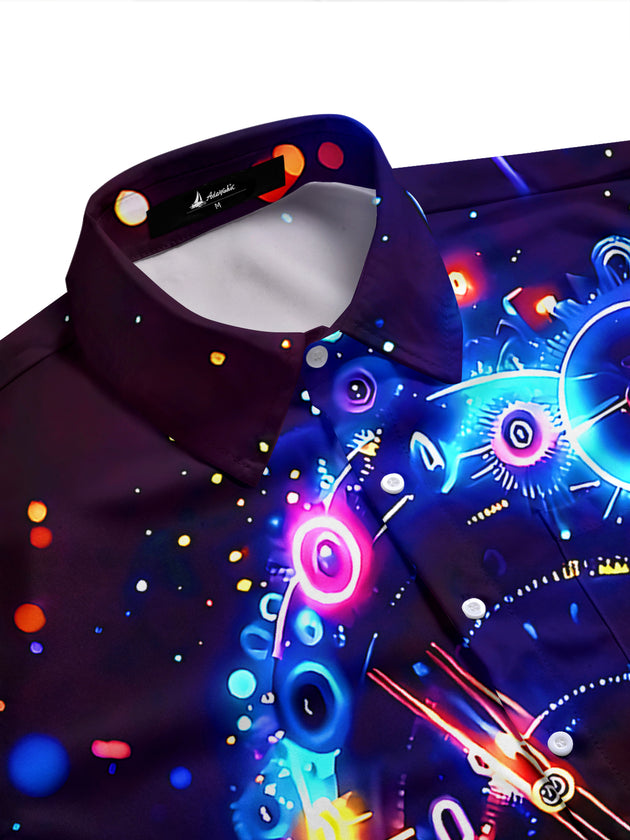 Adaychic Men's Graphic Neon Clock Gears Print Short Sleeve Shirt with Chest Pocket