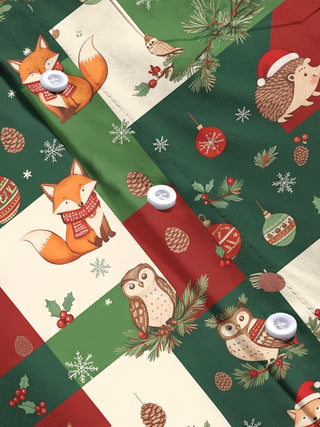 Adaychic Men's Forest Animals And Christmas Ornaments Print Long Sleeve Shirt with Chest Pocket