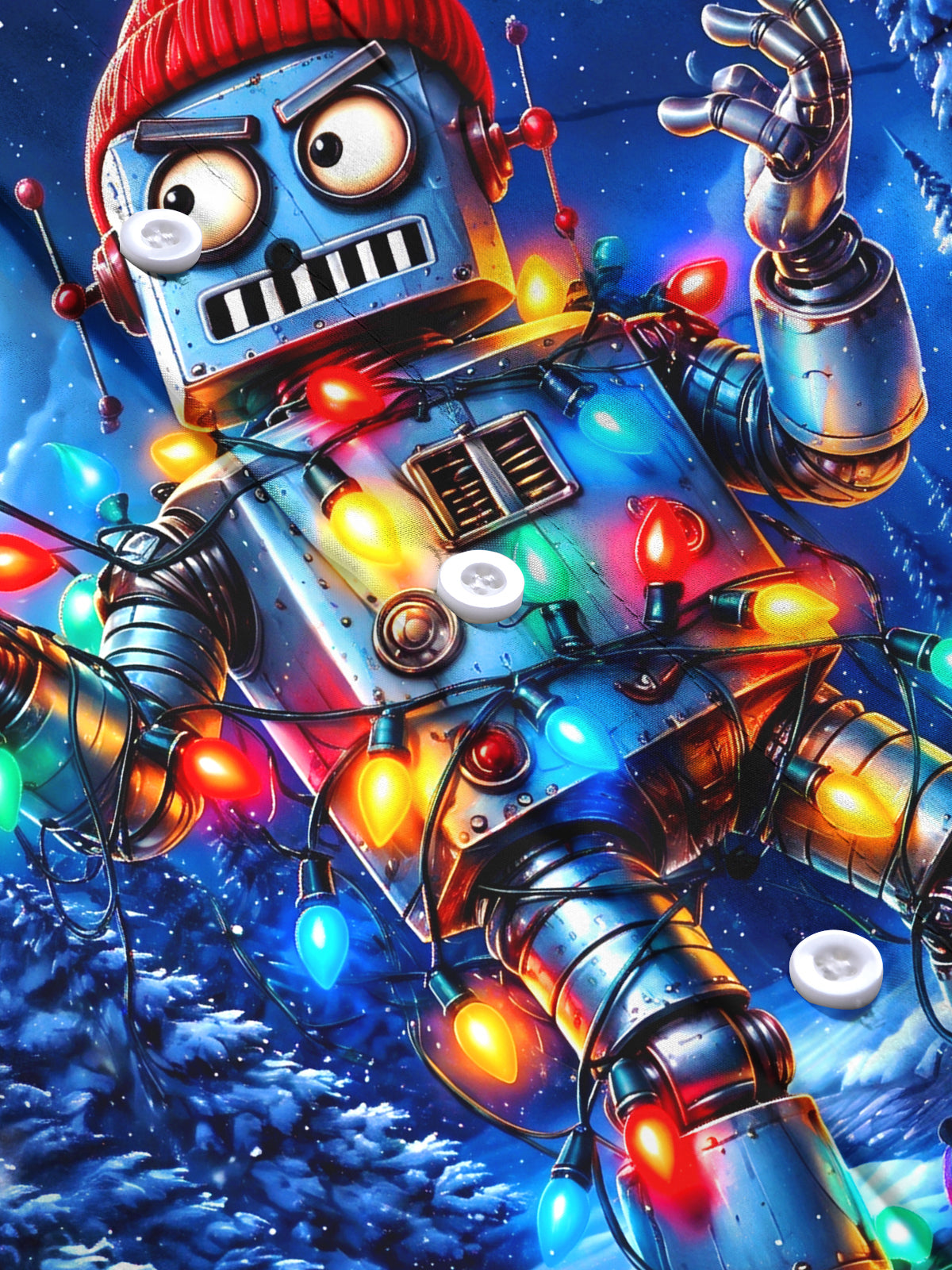 Adaychic Men's Long Sleeve Shirt - Robot With Christmas Lights And Winter Scene Print with Chest Pocket