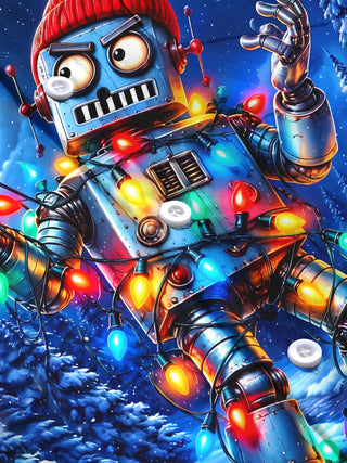 Adaychic Men's Long Sleeve Shirt - Robot With Christmas Lights And Winter Scene Print with Chest Pocket