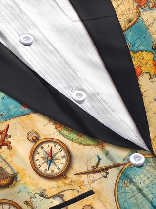 Adaychic Men's Vintage Map And Compass Print Long Sleeve Shirt with Chest Pocket