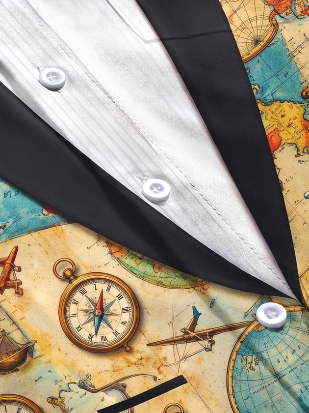 Adaychic Men's Vintage Map And Compass Print Long Sleeve Shirt with Chest Pocket