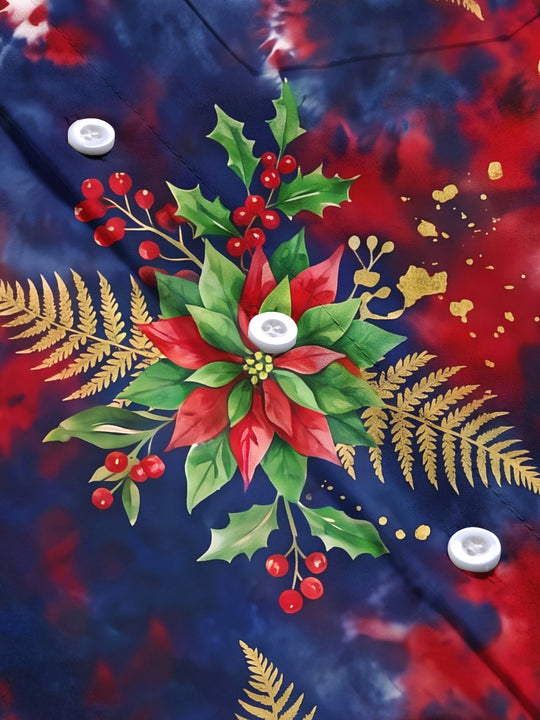 Adaychic Men's Long Sleeve Shirt - Christmas Poinsettia And Holly With Gold Ferns Print with Chest Pocket