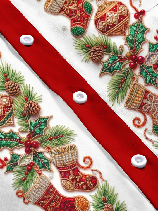 Adaychic Men's Christmas Stockings And Ornaments Print Long Sleeve Shirt with Chest Pocket