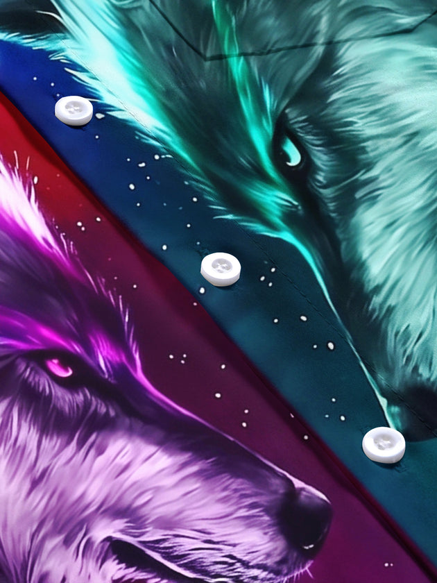 Adaychic Men's Graphic Wolf Head Print Starry Sky Print Short Sleeve Shirt with Chest Pocket