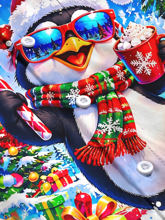 Adaychic Men's Long Sleeve Shirt - Christmas Penguin With Santa Hat And Sunglasses Print with Chest Pocket